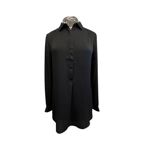 Loft Tunic Shirt Black Popover Collared Long Sleeve Flowy Half Button Career M‎ - Picture 1 of 16